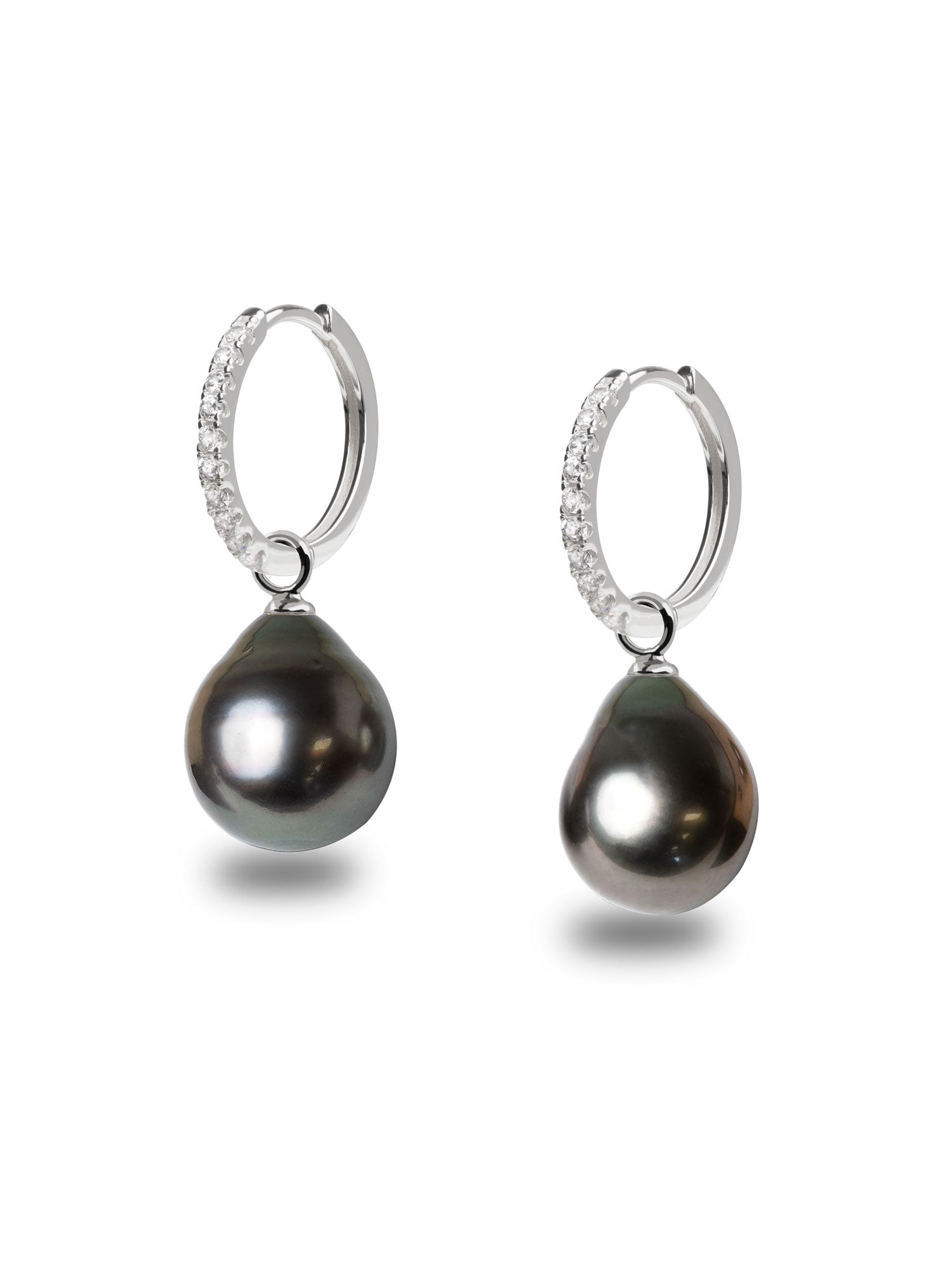 16mm Hoop Earrings Sterling Silver with Zirconia and Tahiti Baroque Pearl