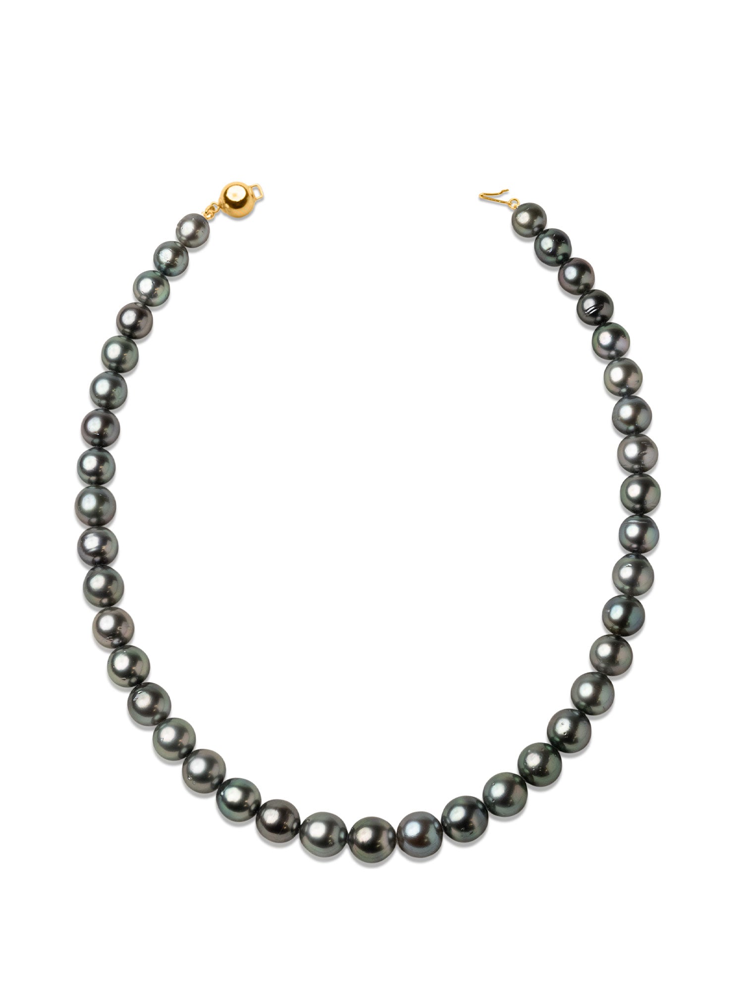 Collar de perlas cultivadas naturales Tahití redondas de 8,8 a 11,1 mm de color gris verdoso.