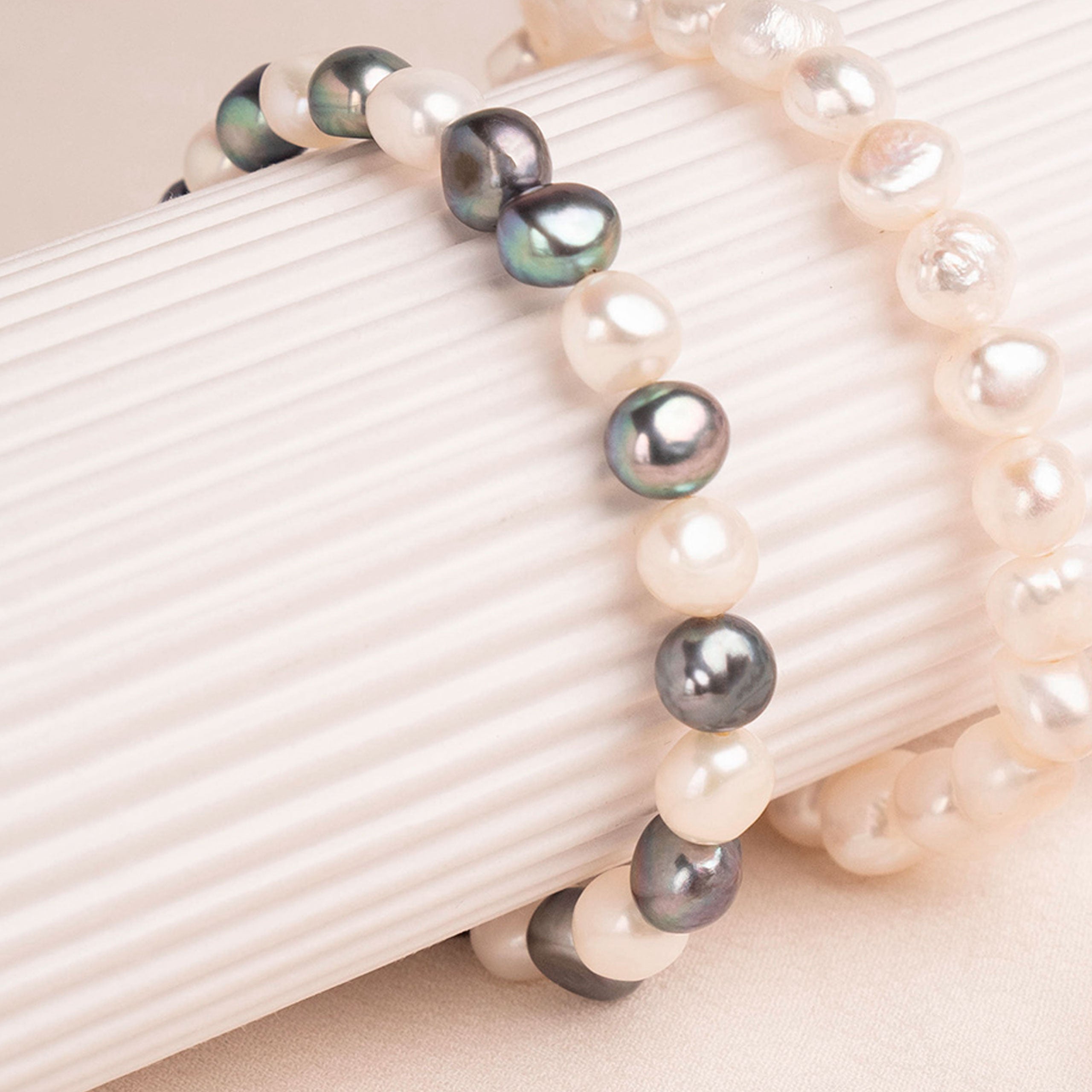 Set of Elastic Bracelets with Baroque Freshwater Pearls in Purple Tones