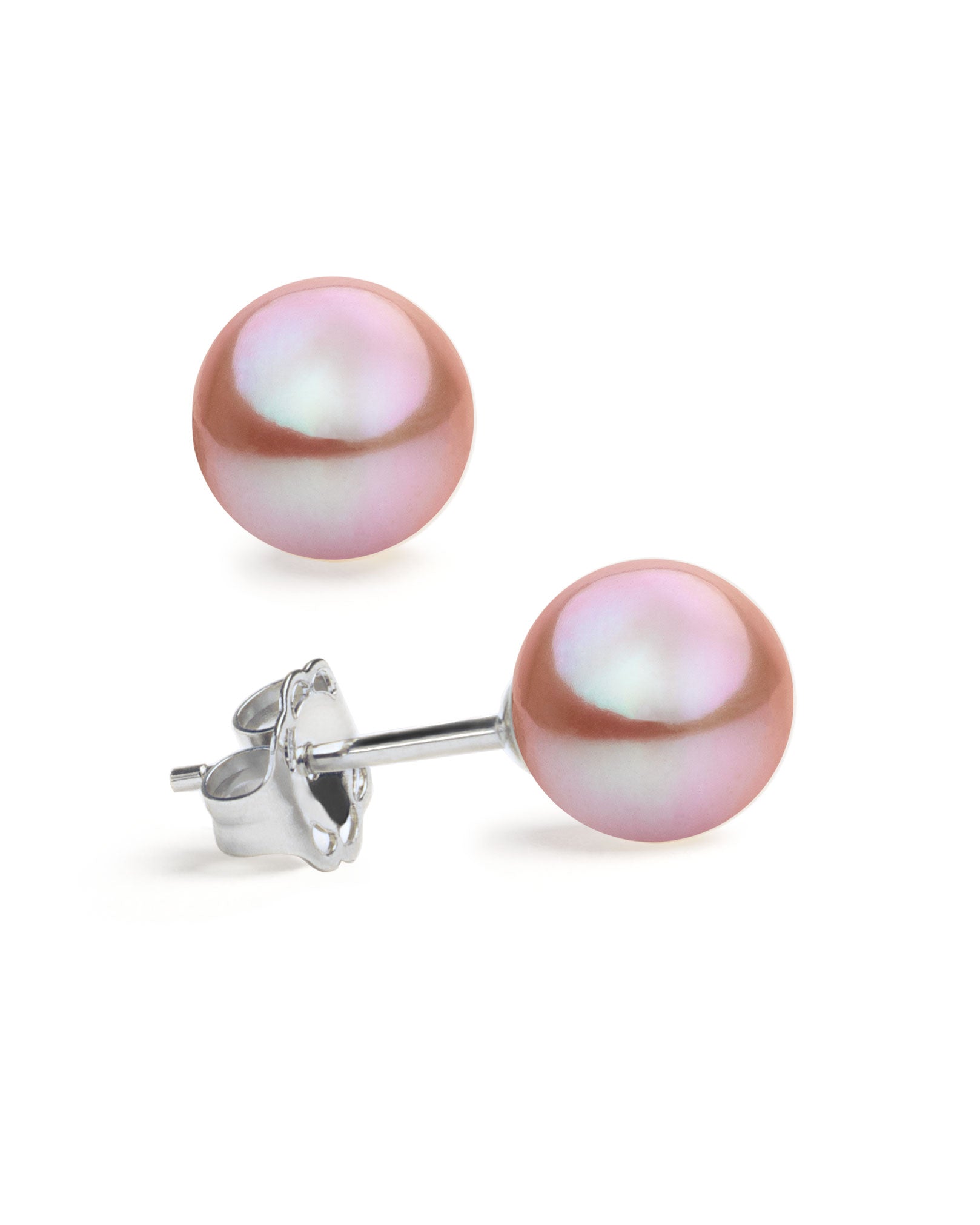 Lavender - Pink and Sterling Silver Round Cultured Freshwater Pearl Earrings | Available in 2 sizes