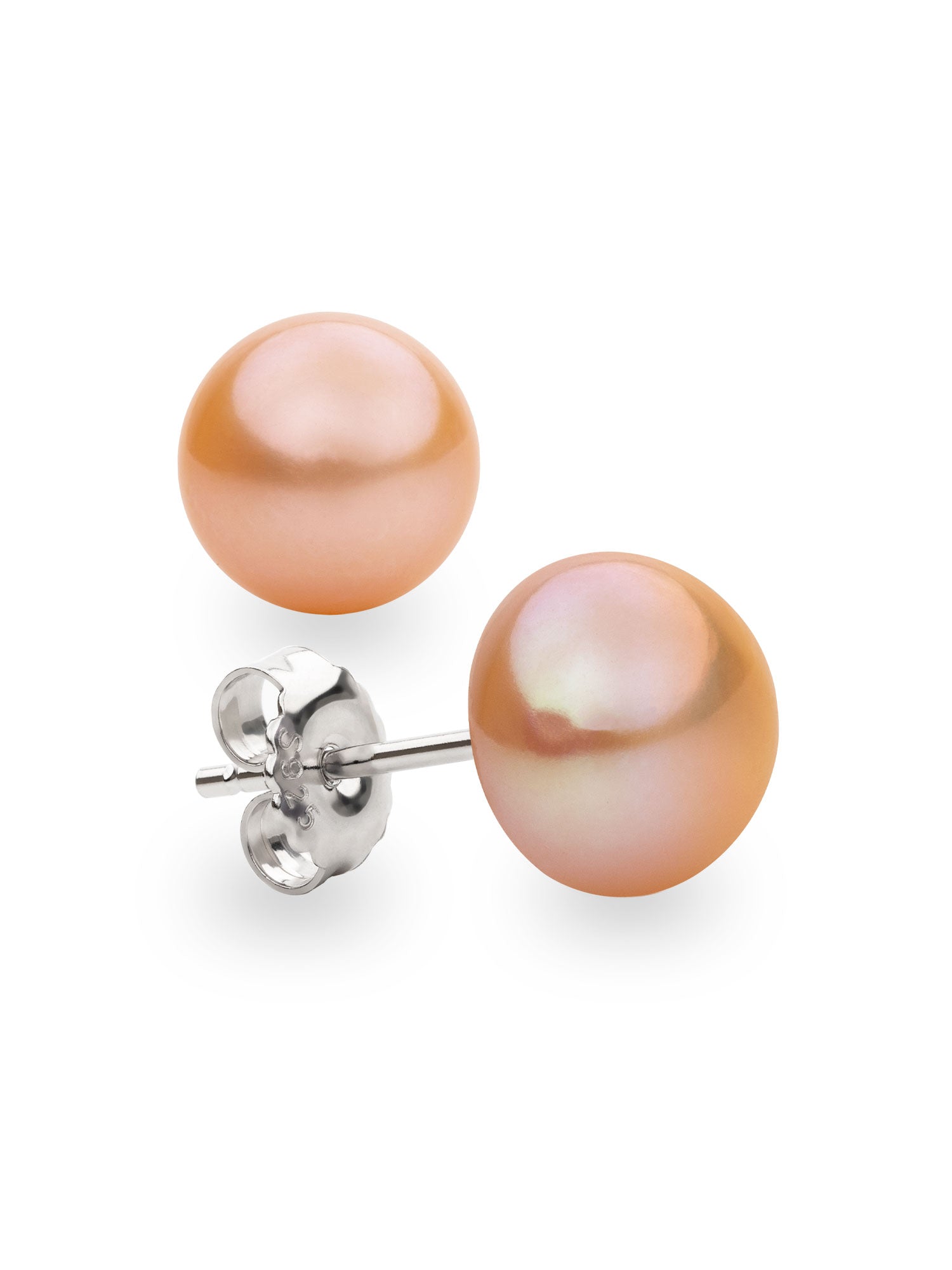 Pendientes de Perlas de Agua Dulce Botón y Plata de Ley de Color Melocotón-Naranja