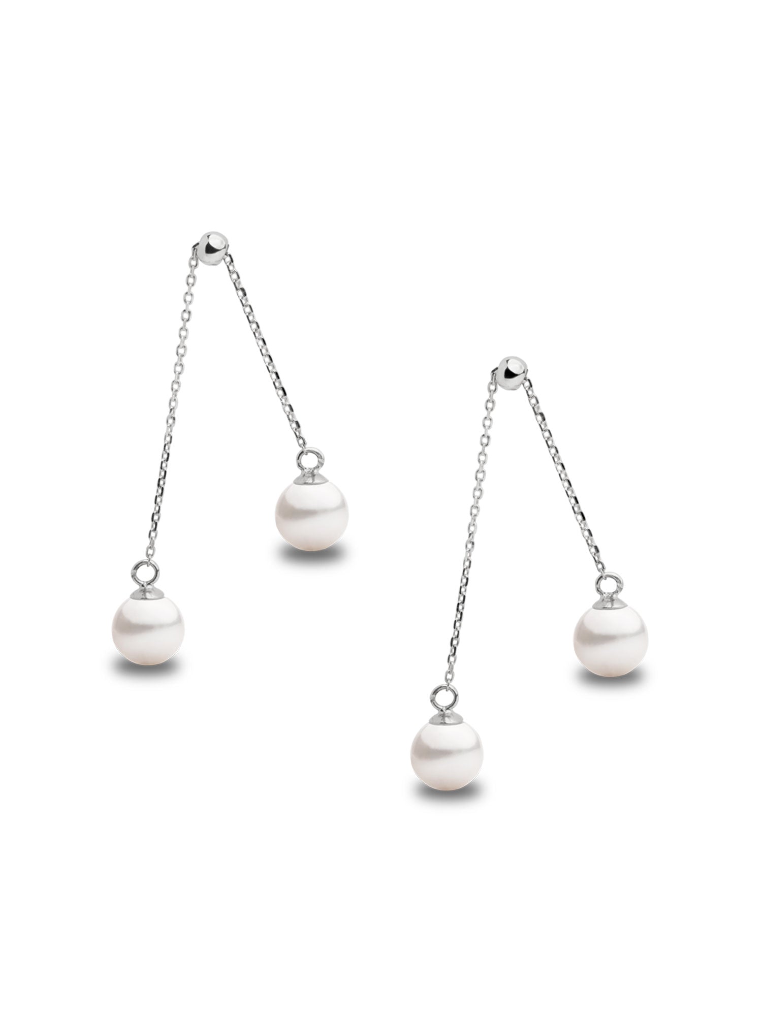 Pendientes de dos perlas redonda colgante en Oro blanco 18k