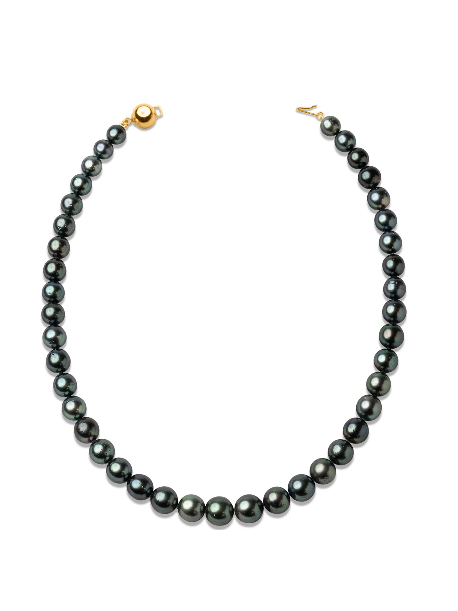 Collar de perlas cultivadas naturales Tahití redondas de 8,1 a 11,1 mm de color verde vidrio oscuro