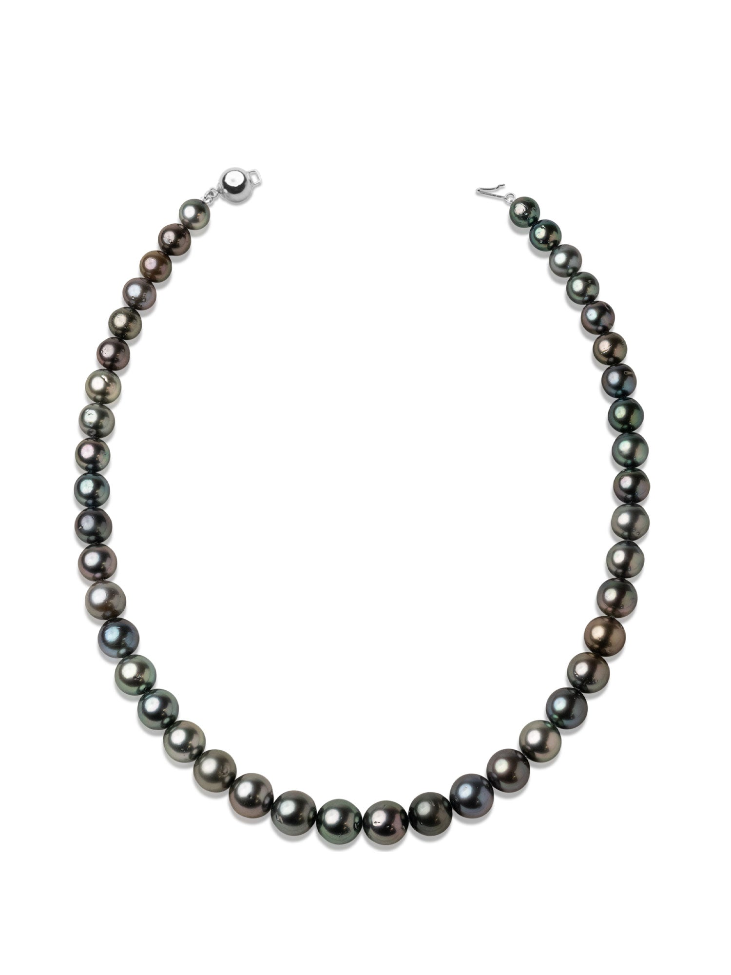 Collar de perlas cultivadas naturales Tahití redondas de 8,5 a 11,2 mm de colores verdoso, gris y bronce