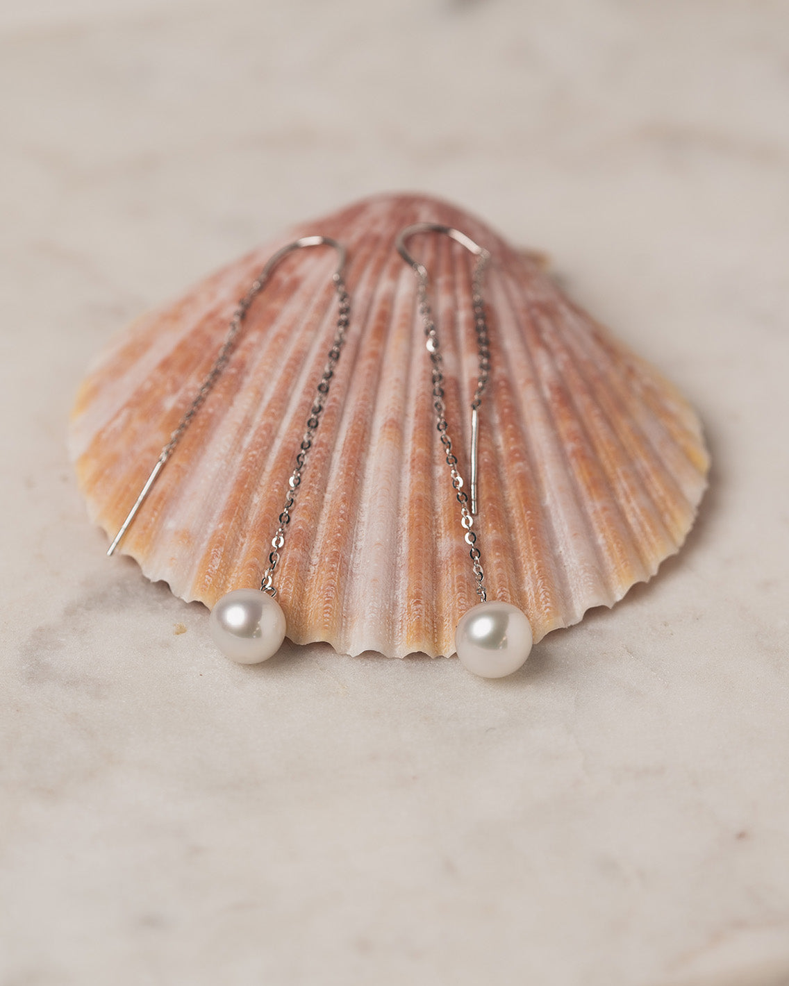 Round Pearl Chain Dangle Earrings - 18k White Gold